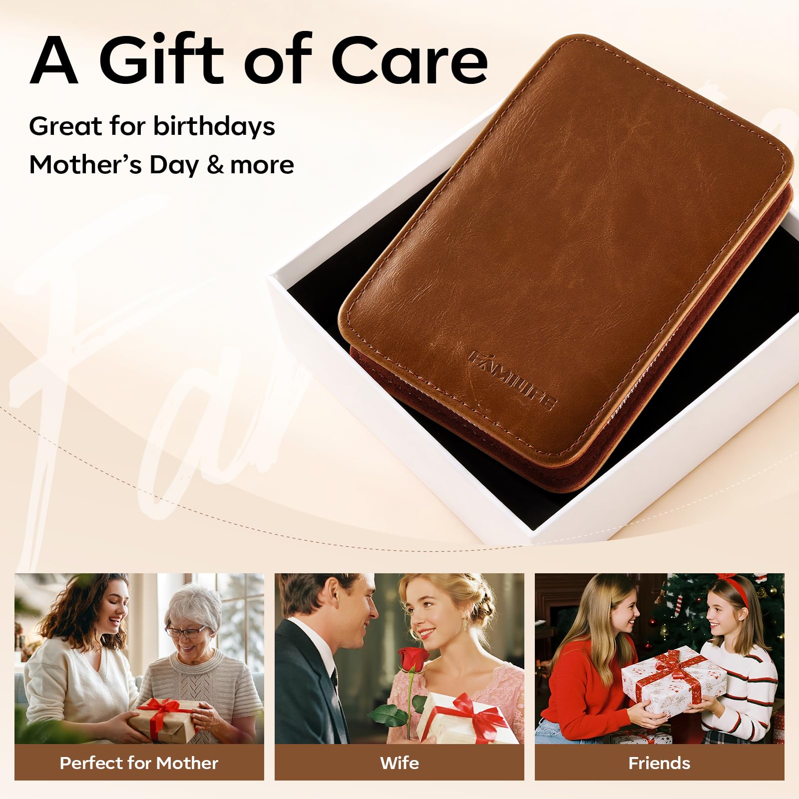 FAMILIFE leather travel case open with organized interior.