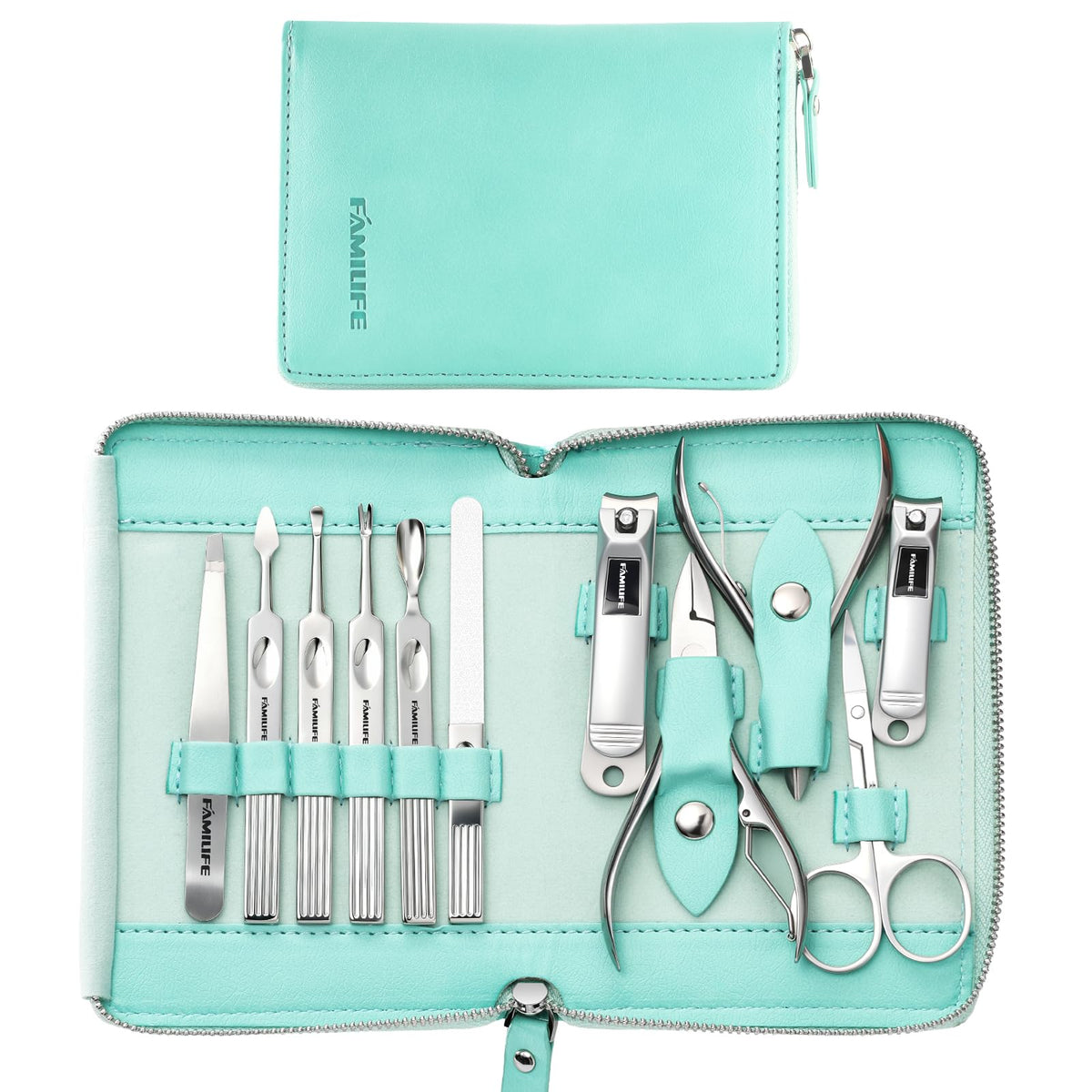 FAMILIFE 11-in-1 manicure kit opens to show organized travel case for on-the-go nail care