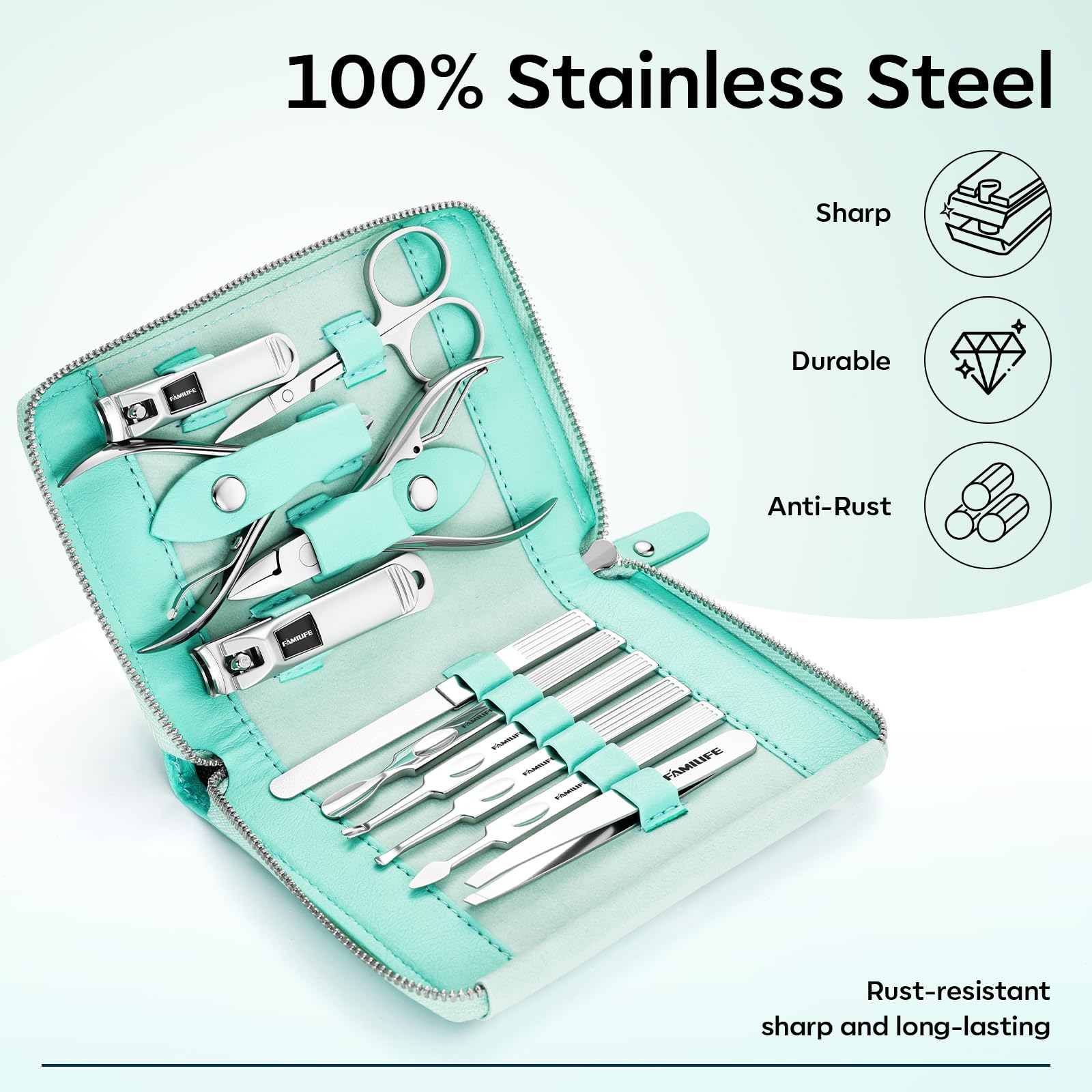 FAMILIFE nail clippers closeup demonstrates durable stainless steel and sharp bite