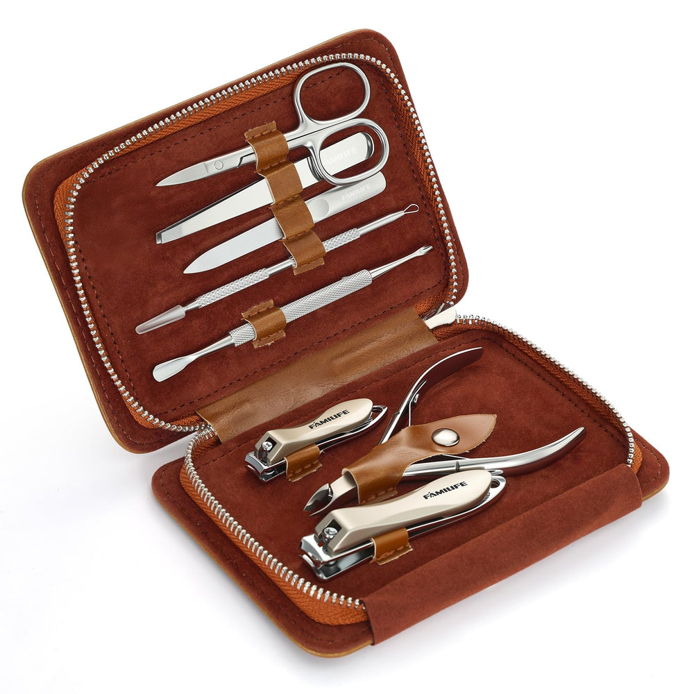 FAMILIFE manicure kit displayed on bathroom counter for daily use.