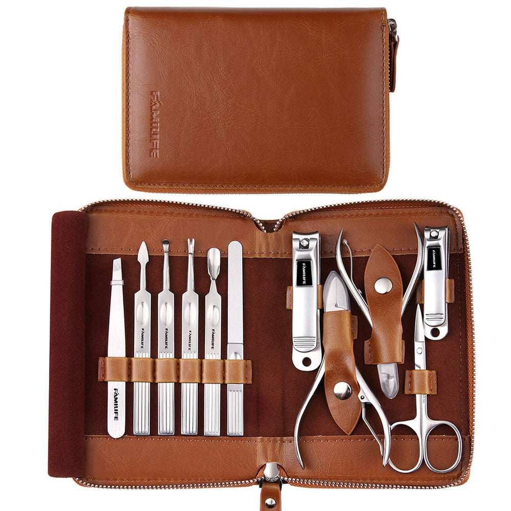 FAMILIFE manicure set 11 pieces in brown case for travel grooming.
