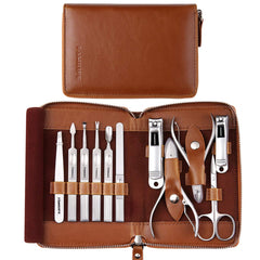 FAMILIFE manicure set 11 pieces in brown case for travel grooming.