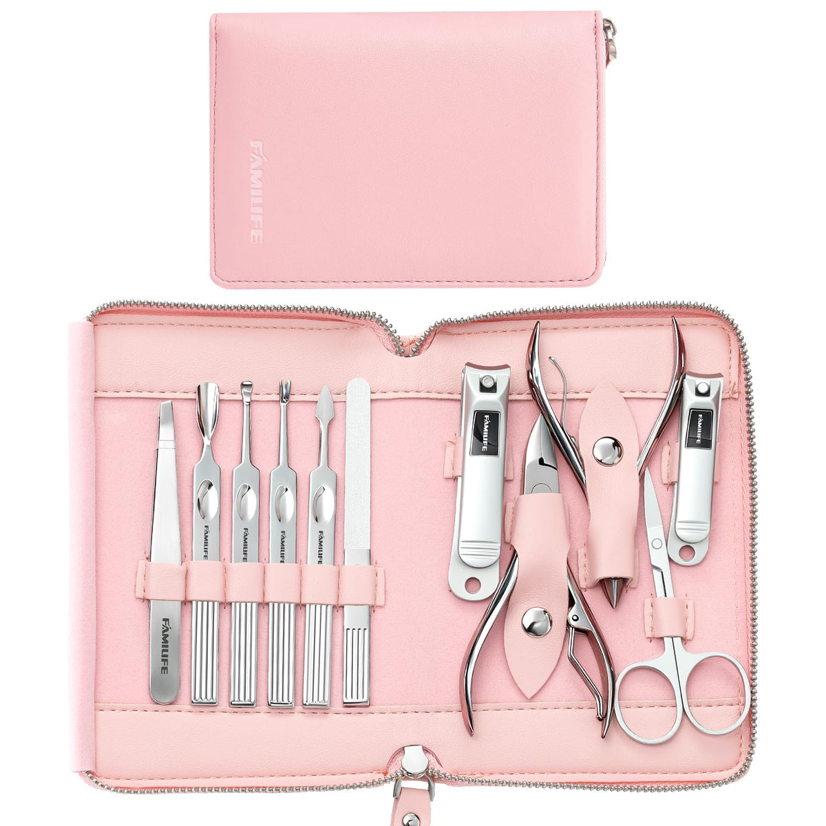 FAMILIFE manicure set 11pcs pink case closeup, precise grooming for home use