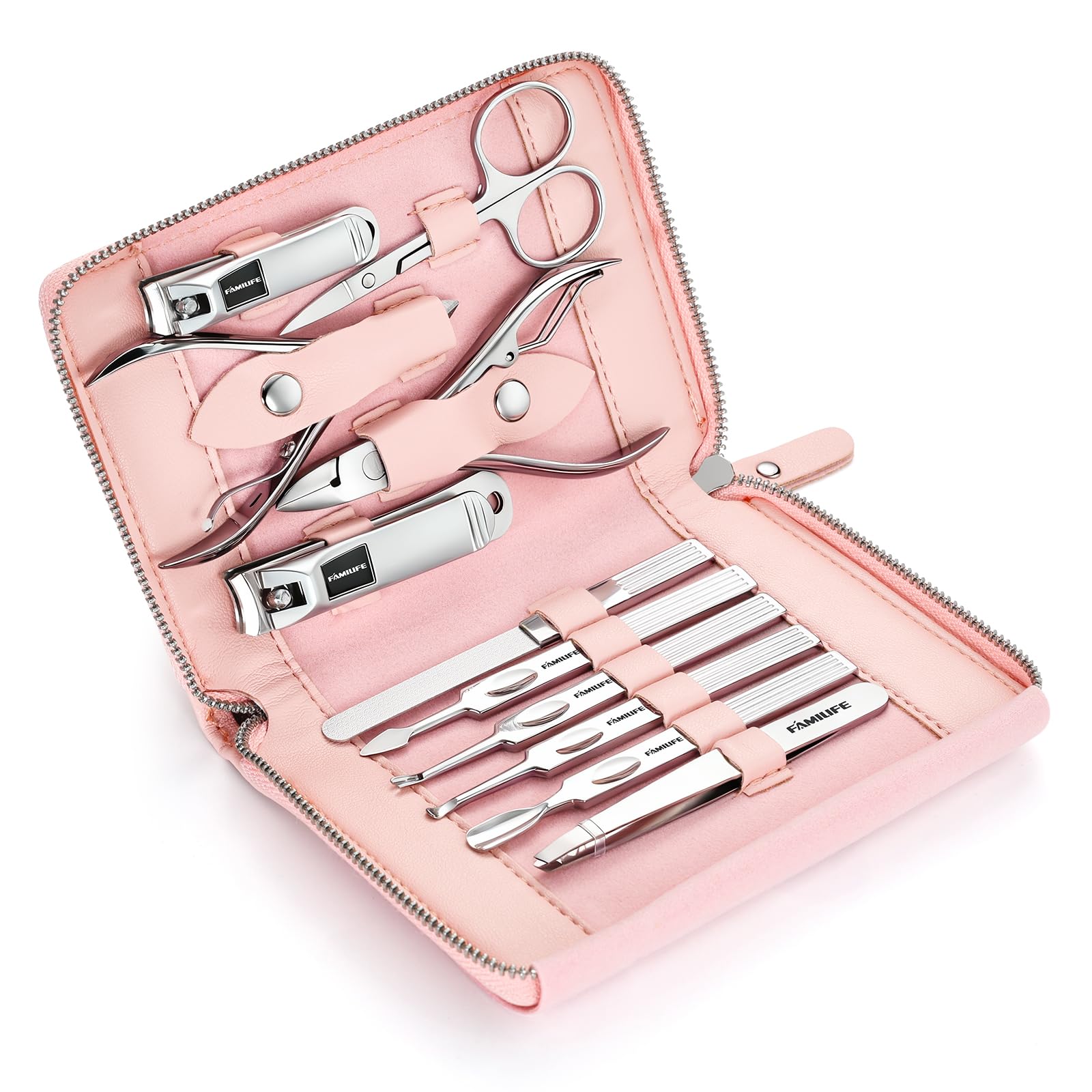 FAMILIFE manicure set 11pcs pink case travel-ready layout keeps tools organized