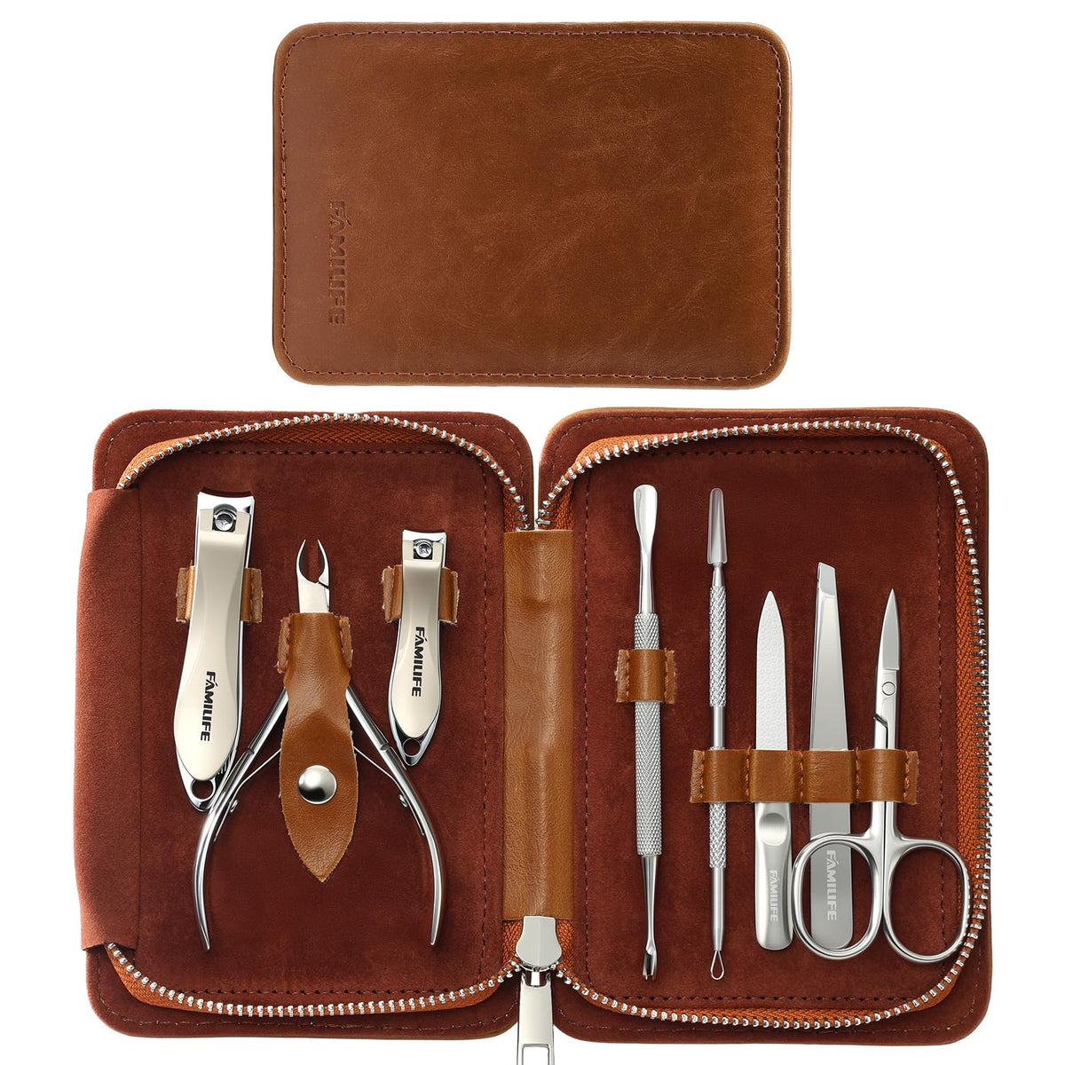 FAMILIFE manicure set opened showing eight stainless tools for precise grooming.