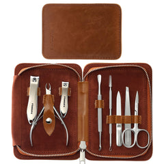 FAMILIFE manicure set opened showing eight stainless tools for precise grooming.