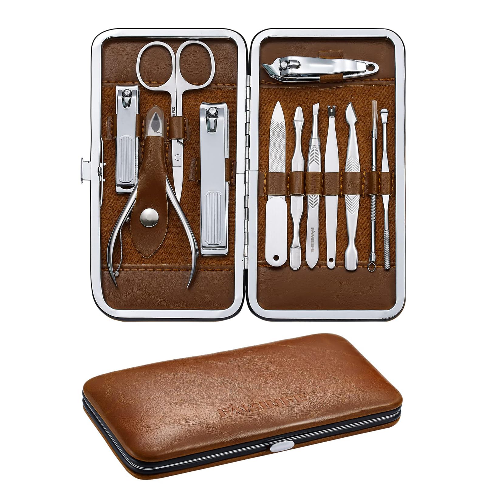 FAMILIFE manicure set in brown leather case, compact travel-ready grooming storage.