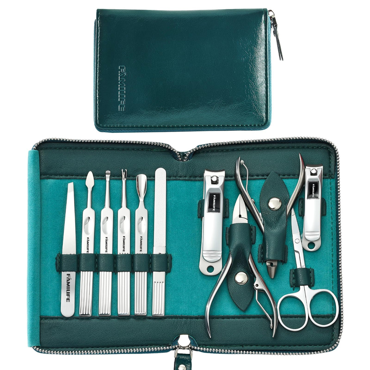 FAMILIFE Nail Kit 11in1 blue leather case open for portable grooming on the go.