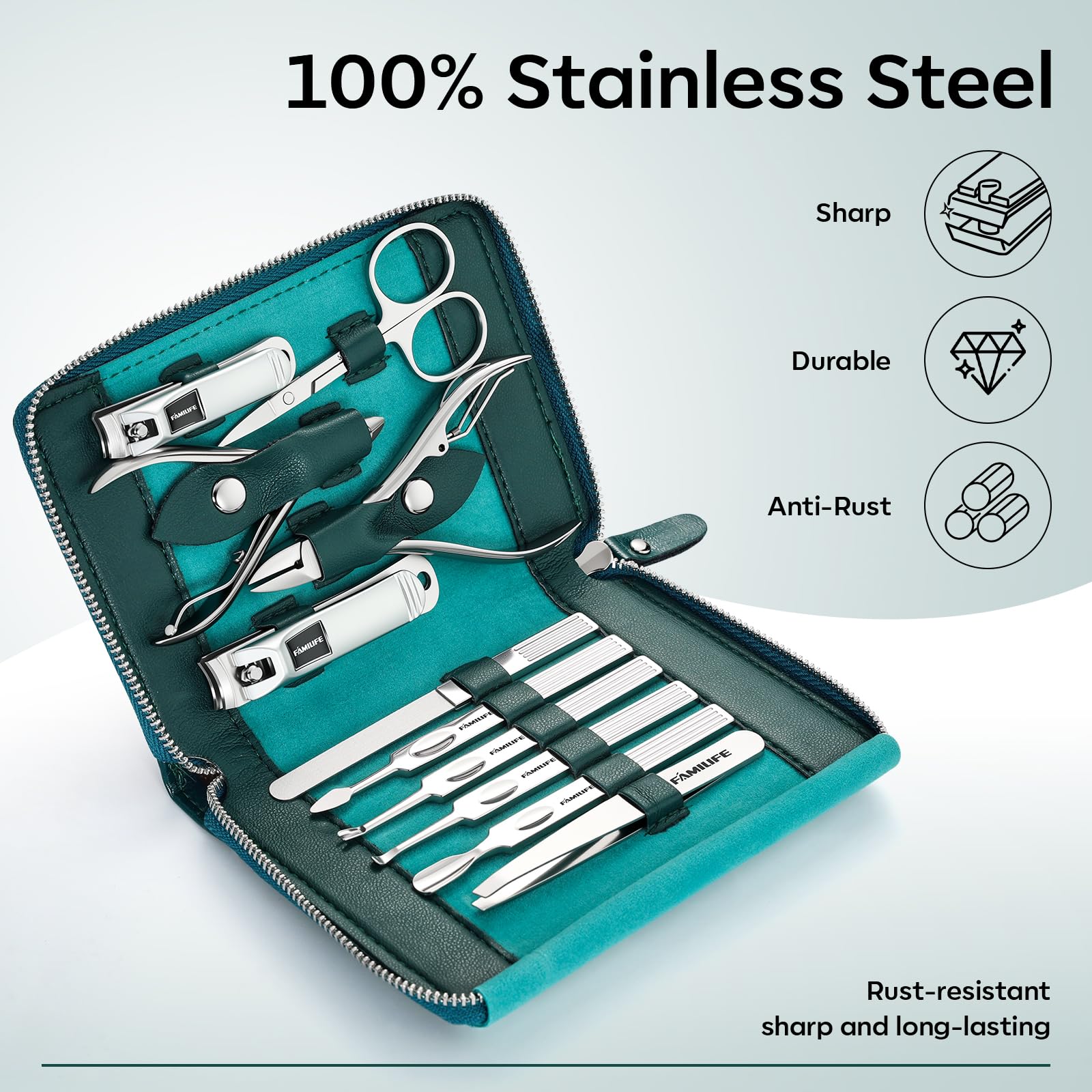 FAMILIFE blue leather case compact keeps tools organized during travel.