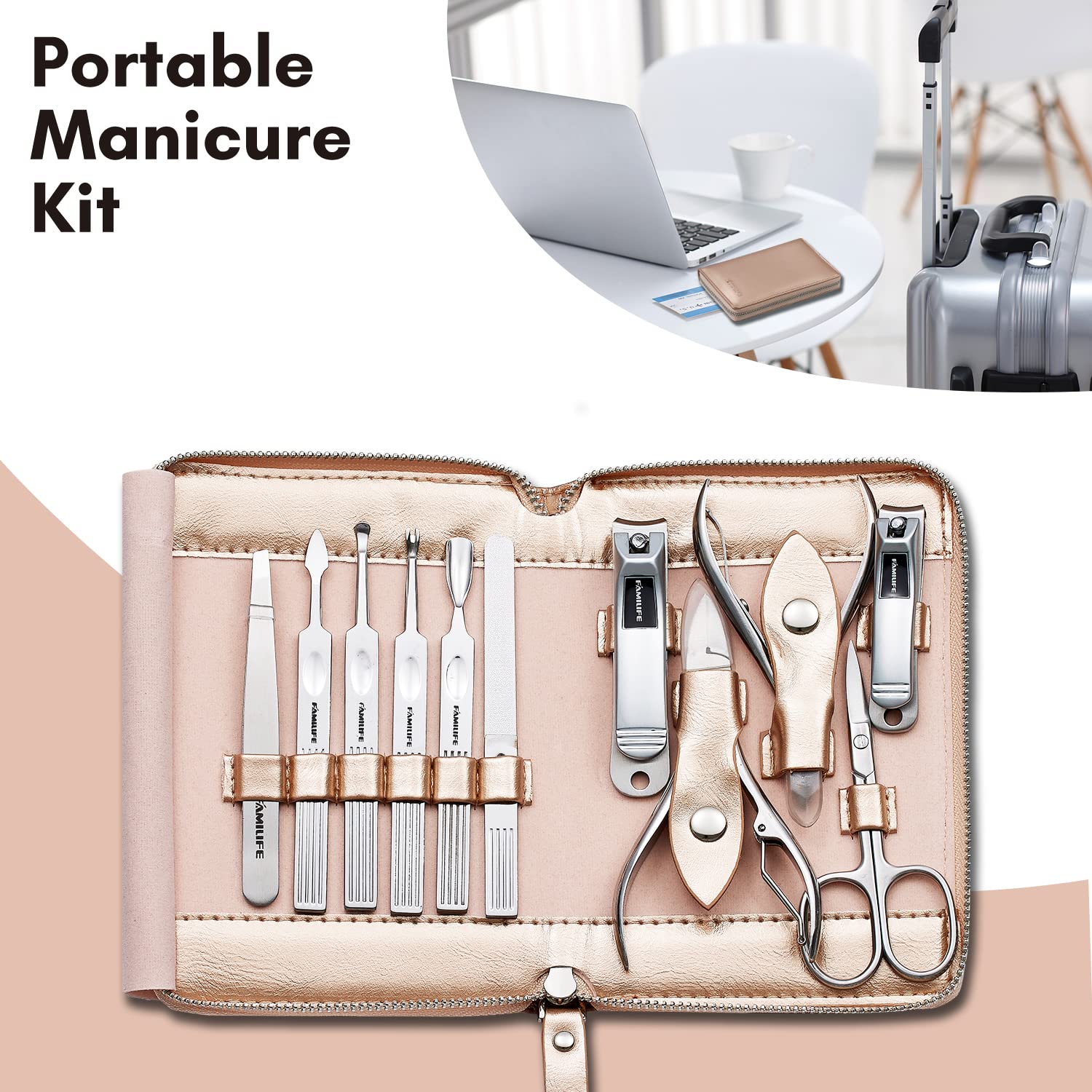 FAMILIFE polished steel tools ready for hand, nail, and foot care routines