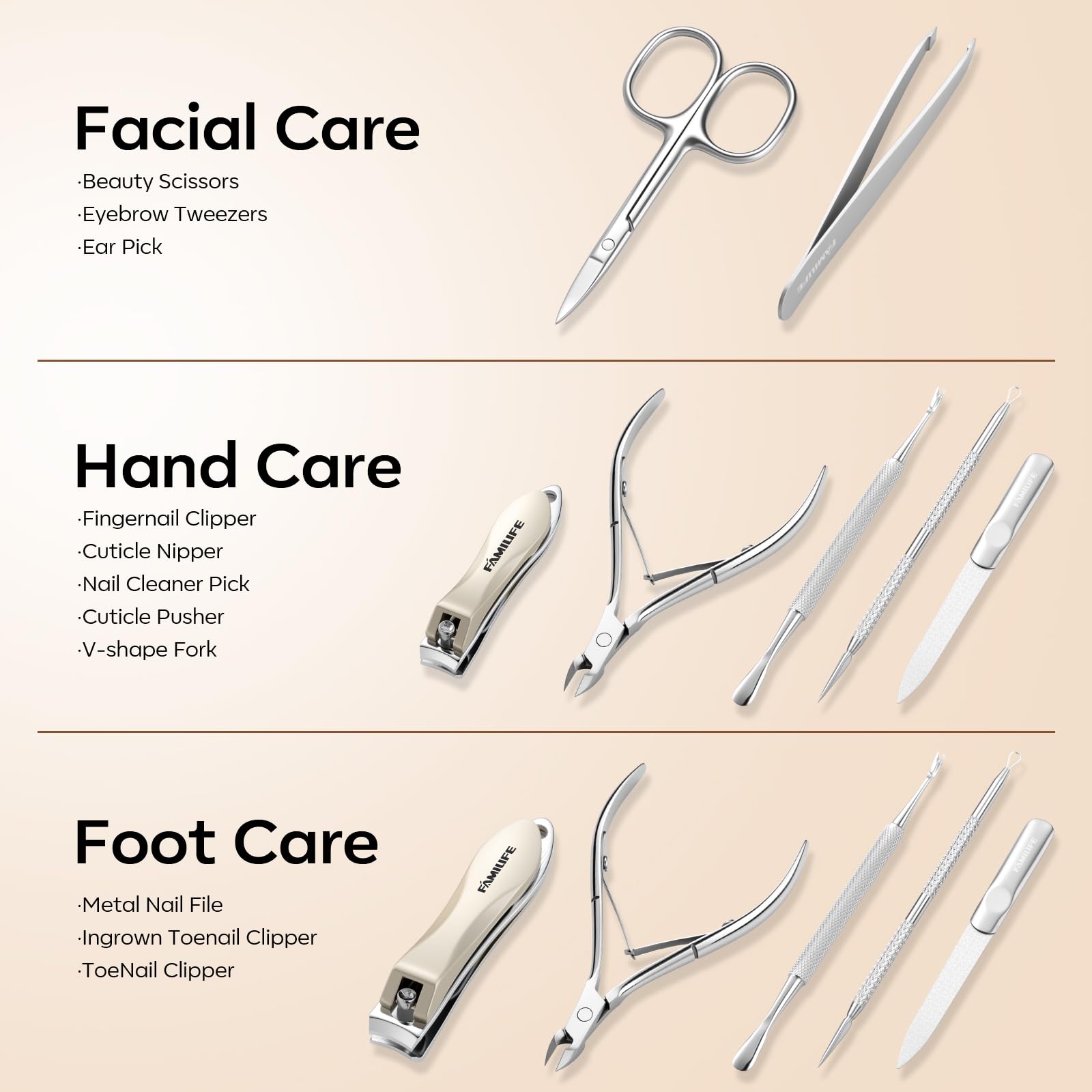 FAMILIFE stainless-steel cuticle pusher for neat cuticle care.