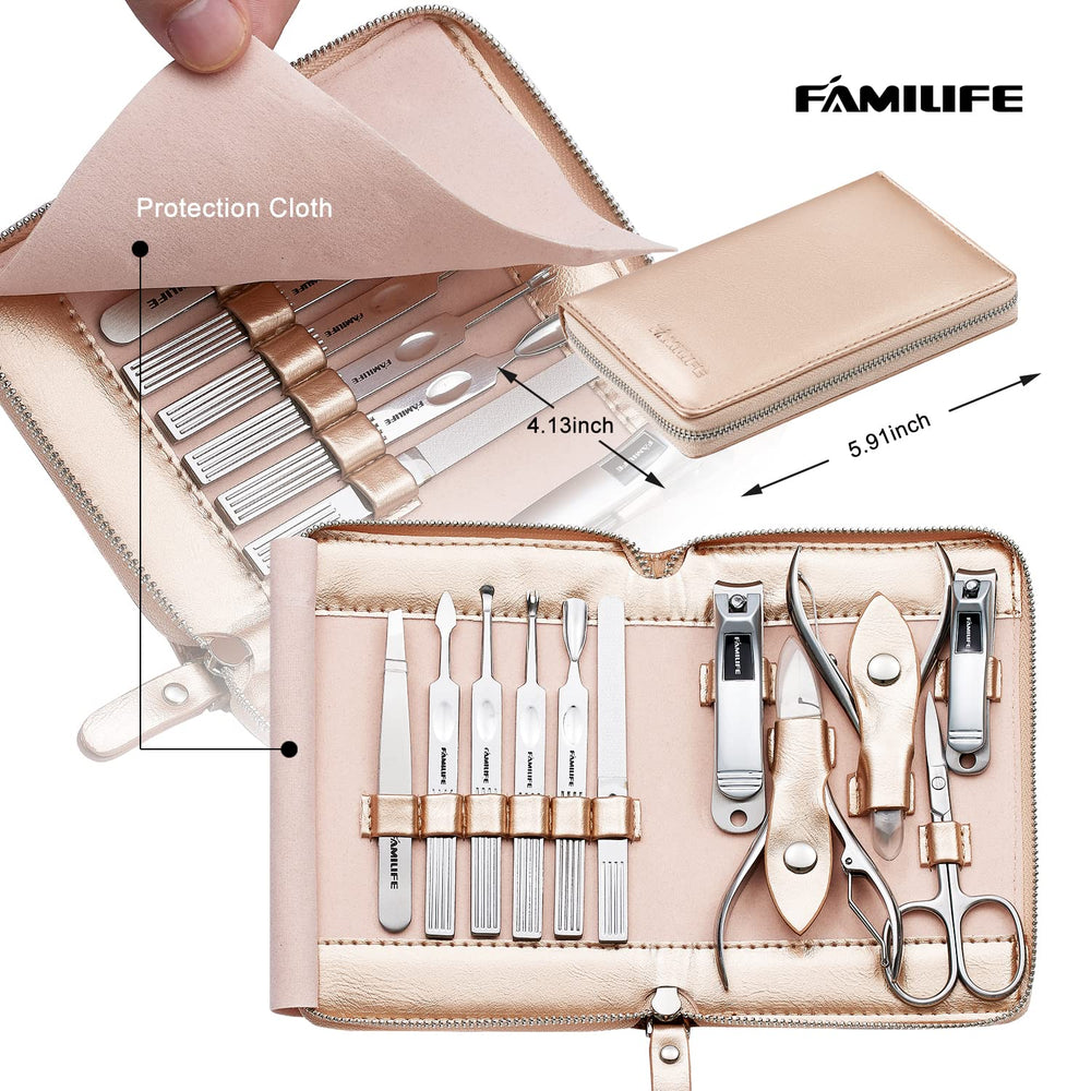 FAMILIFE stainless steel pedicure tools showcased in compact travel-friendly kit