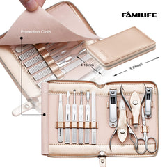 FAMILIFE stainless steel pedicure tools showcased in compact travel-friendly kit