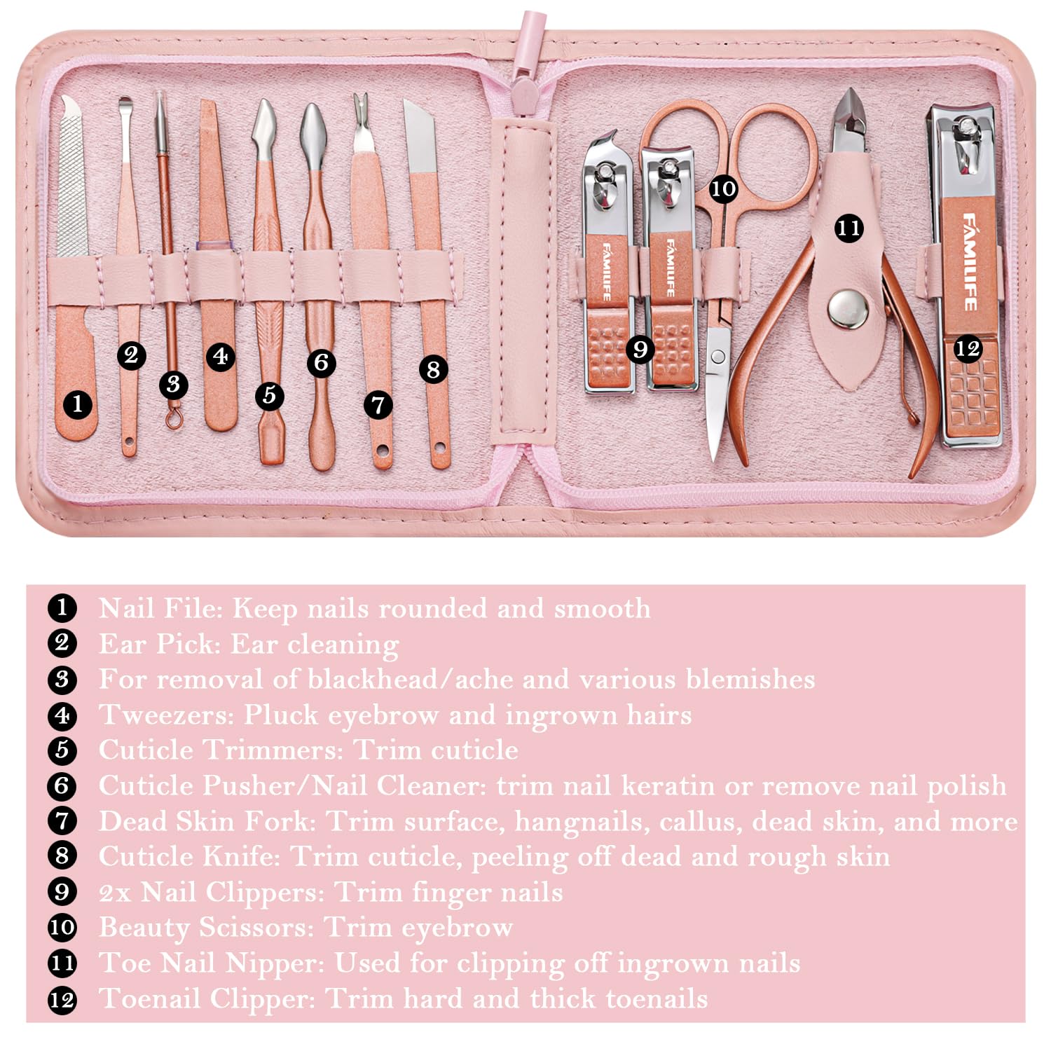 FAMILIFE toenail nipper and cuticle push tool in compact set