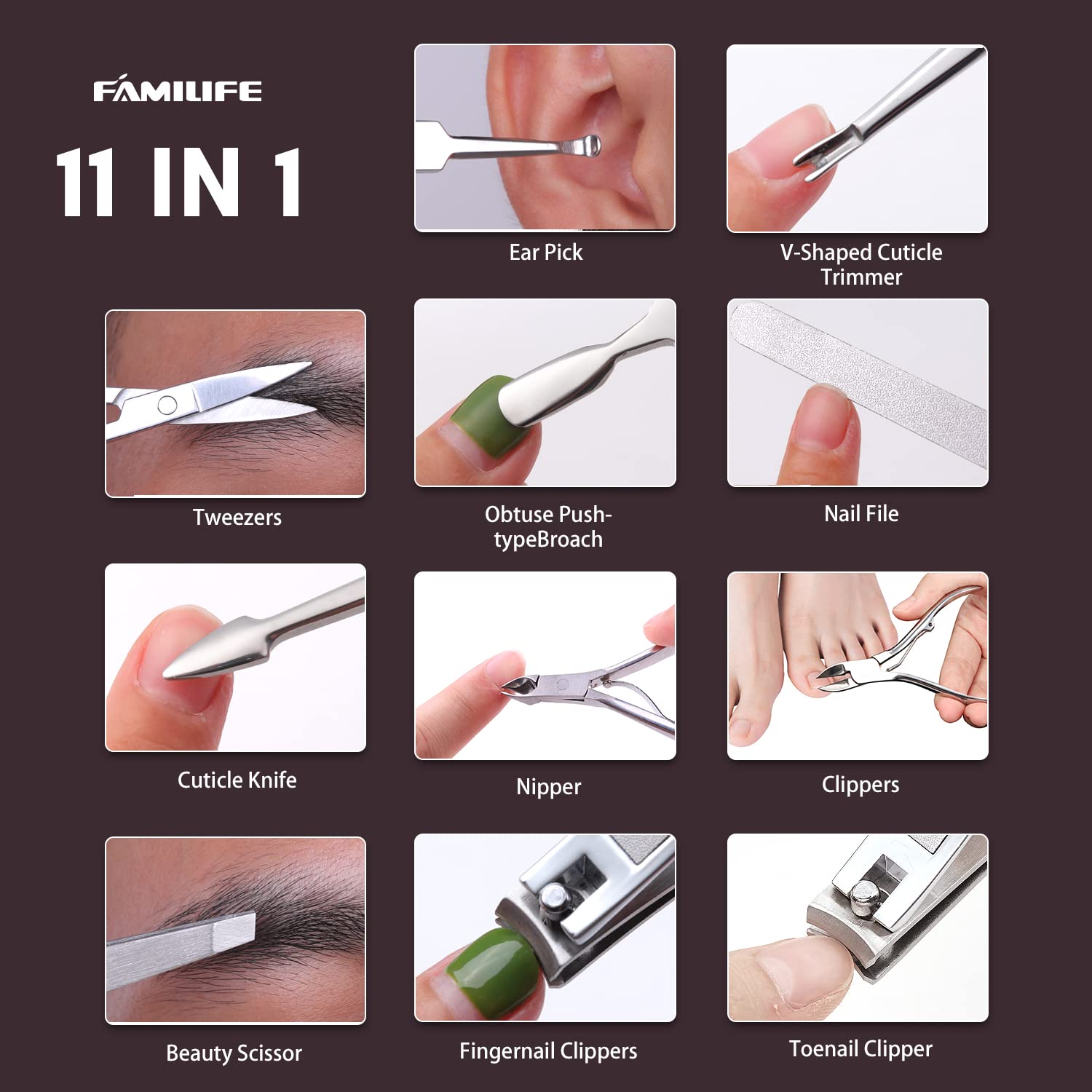 FAMILIFE tweezers and nail file set for precise grooming.