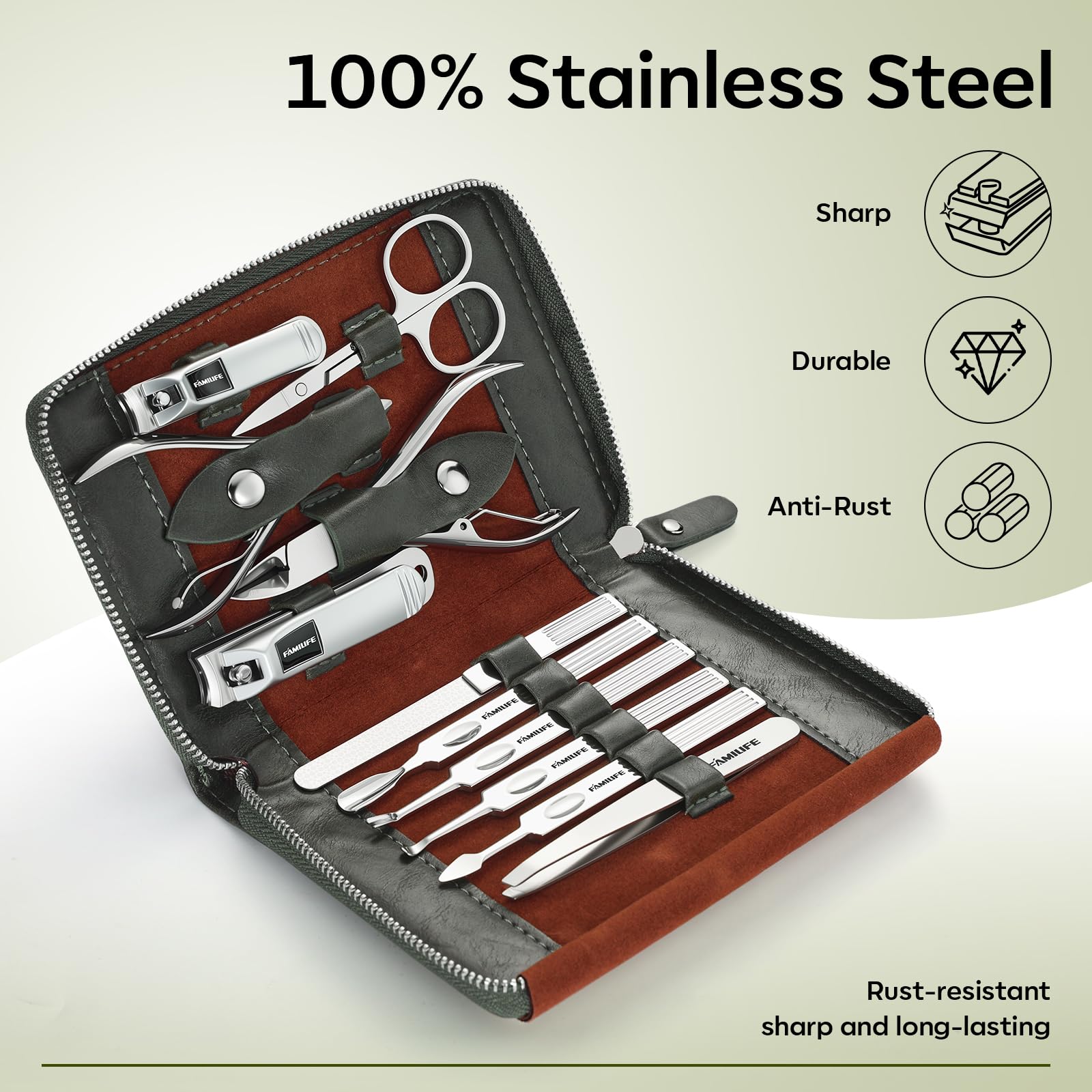 FAMILIFE 11-piece nail kit for precise trimming and grooming.