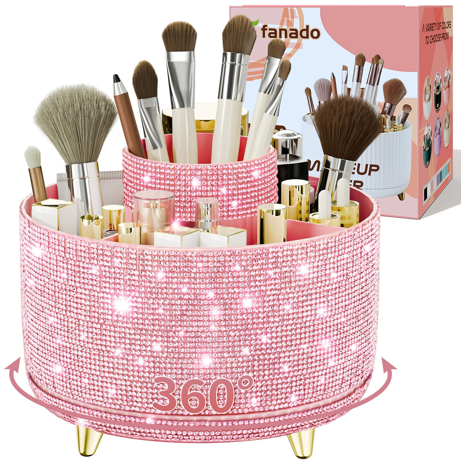 Fanado Bling Diamond makeup brush holder shines on vanity, keeping cosmetics organized.