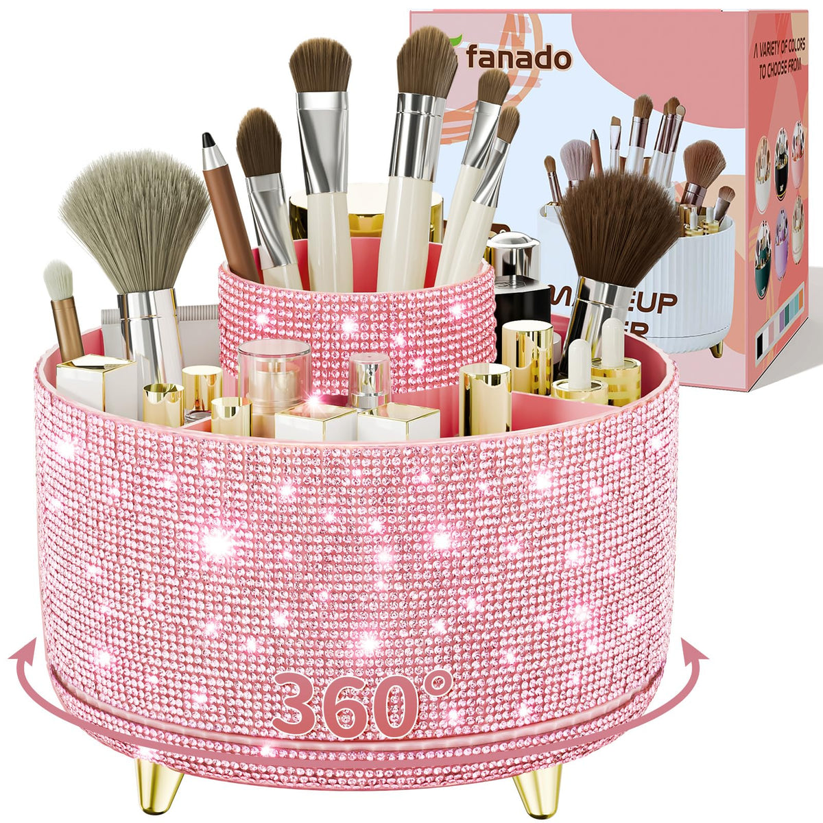 Fanado Bling Diamond makeup brush holder shines on vanity, keeping cosmetics organized.