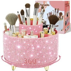 Fanado Bling Diamond makeup brush holder shines on vanity, keeping cosmetics organized.