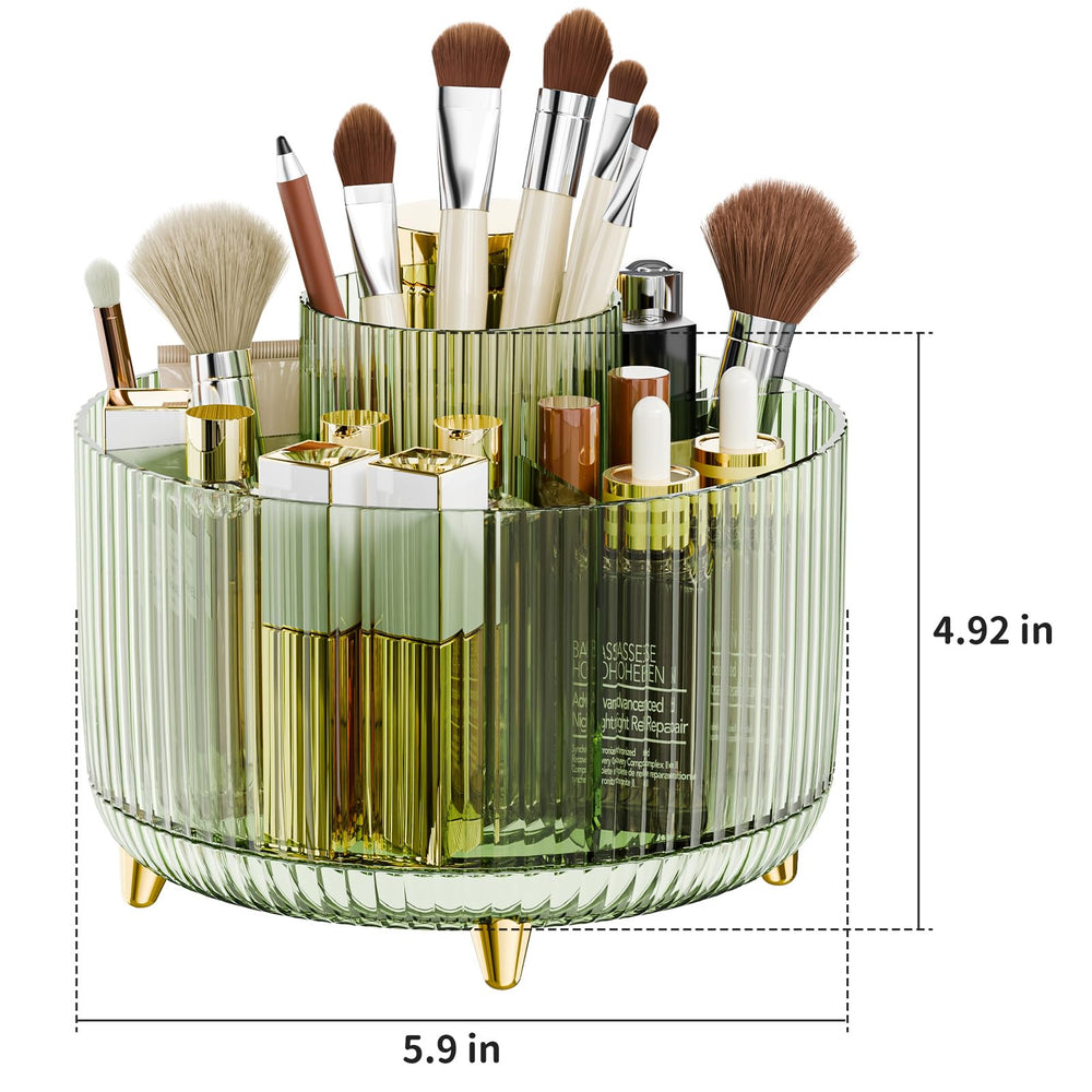 Fanado clear green makeup organizer on vanity highlighting visible contents for quick selection.