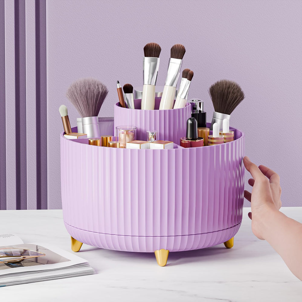 Fanado makeup organizer on the desk offers easy access and stylish striped design.