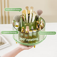 Fanado makeup organizer with 5 compartments stores brushes, lipstick, and polishes neatly.