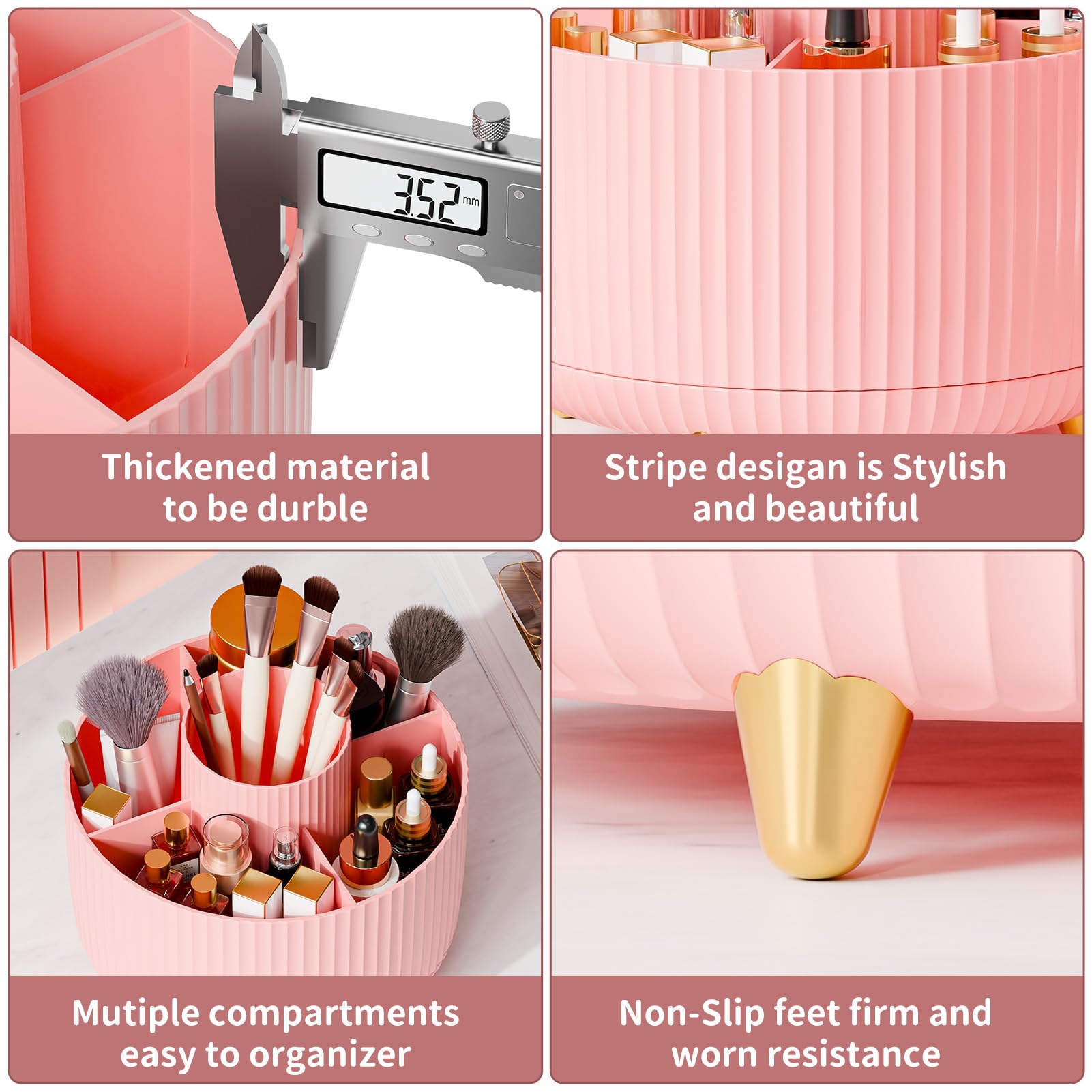Fanado pink makeup organizer fits countertops and desks with compact footprint