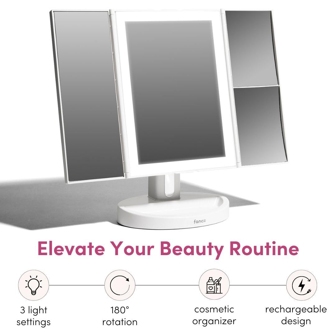 Fancii cordless portable mirror folds for travel and compact storage.