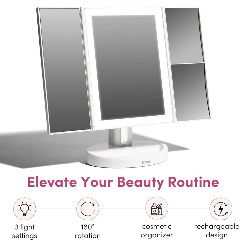 Fancii cordless portable mirror folds for travel and compact storage.