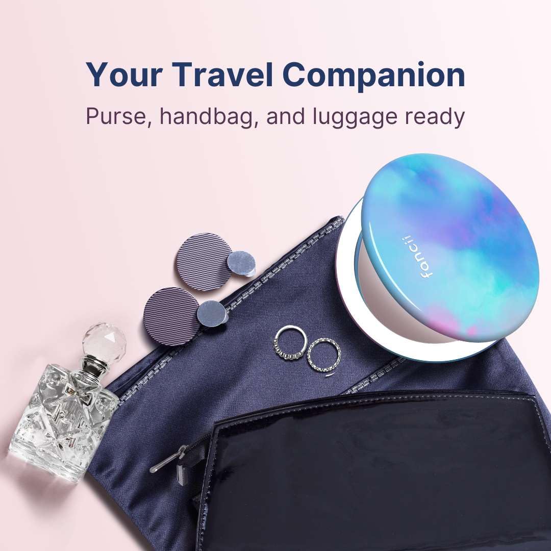 Fancii Taylor compact purse mirror fits in bags for quick touch-ups.