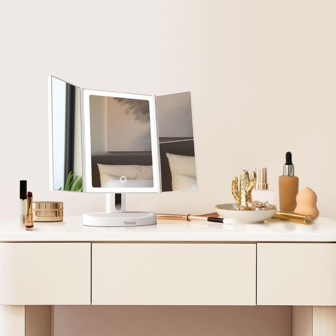 Fancii tri-fold vanity mirror angle view helps you explore flattering angles for selfies.