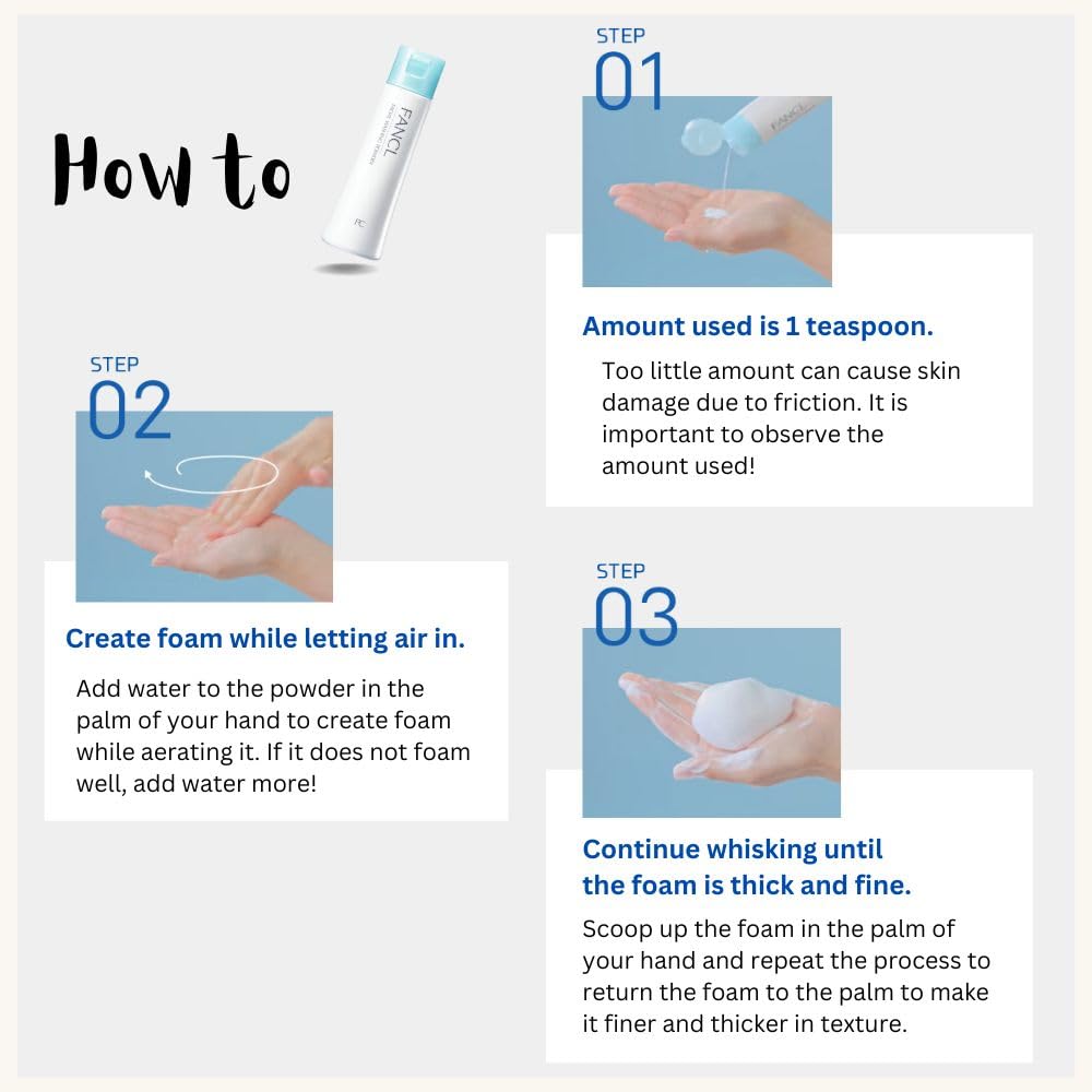 FANCL cleansing powder applied to damp skin for fresh feel