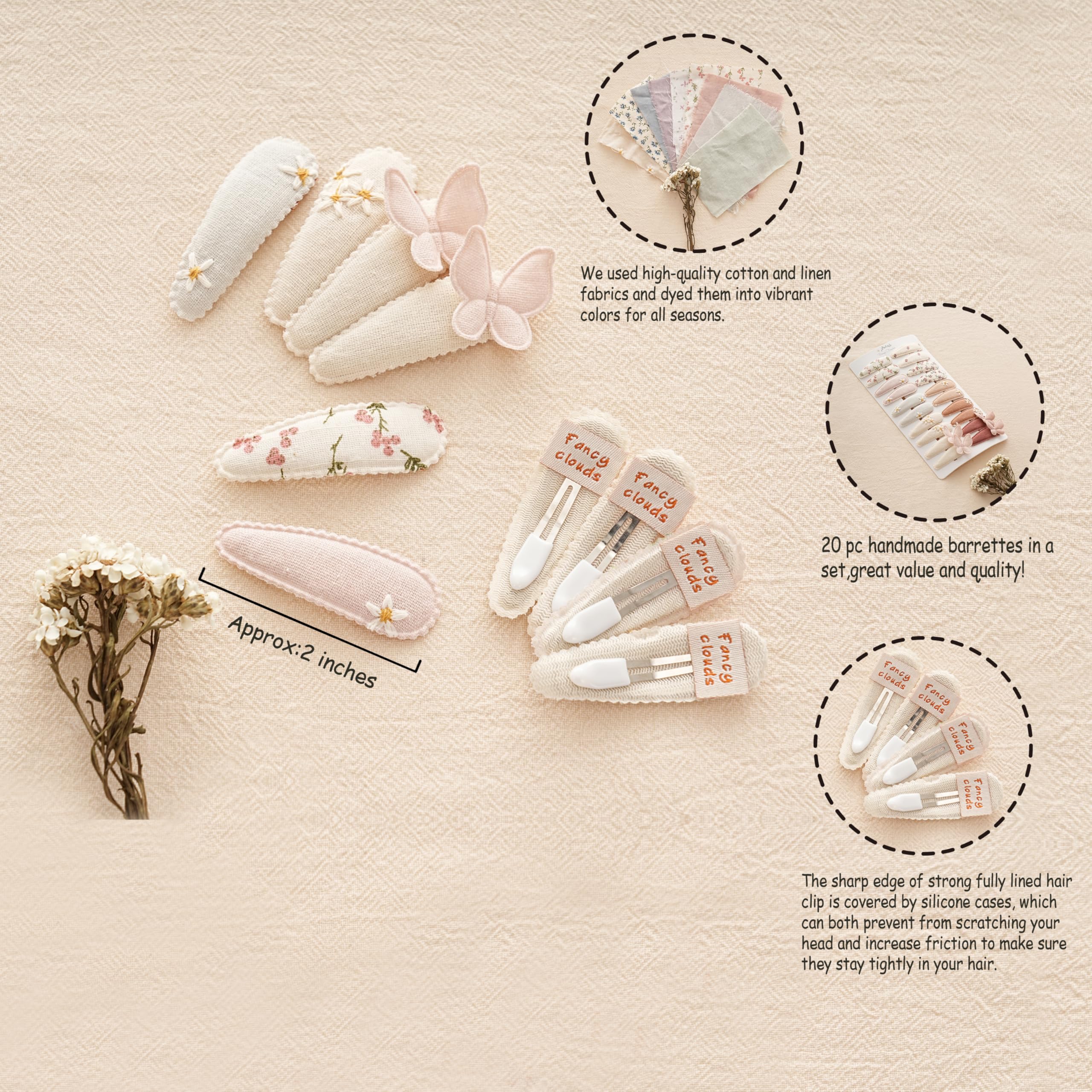 Fancy Clouds neutral fabric snap clips in mustard and khaki complement many outfits.