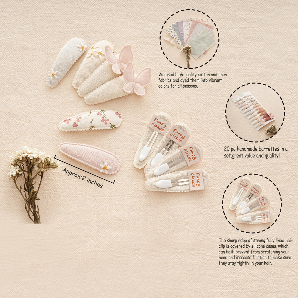 Fancy Clouds neutral fabric snap clips in mustard and khaki complement many outfits.