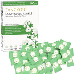 Fancyou compressed towel tablet packaging showing compact travel towels for on-the-go cleansing