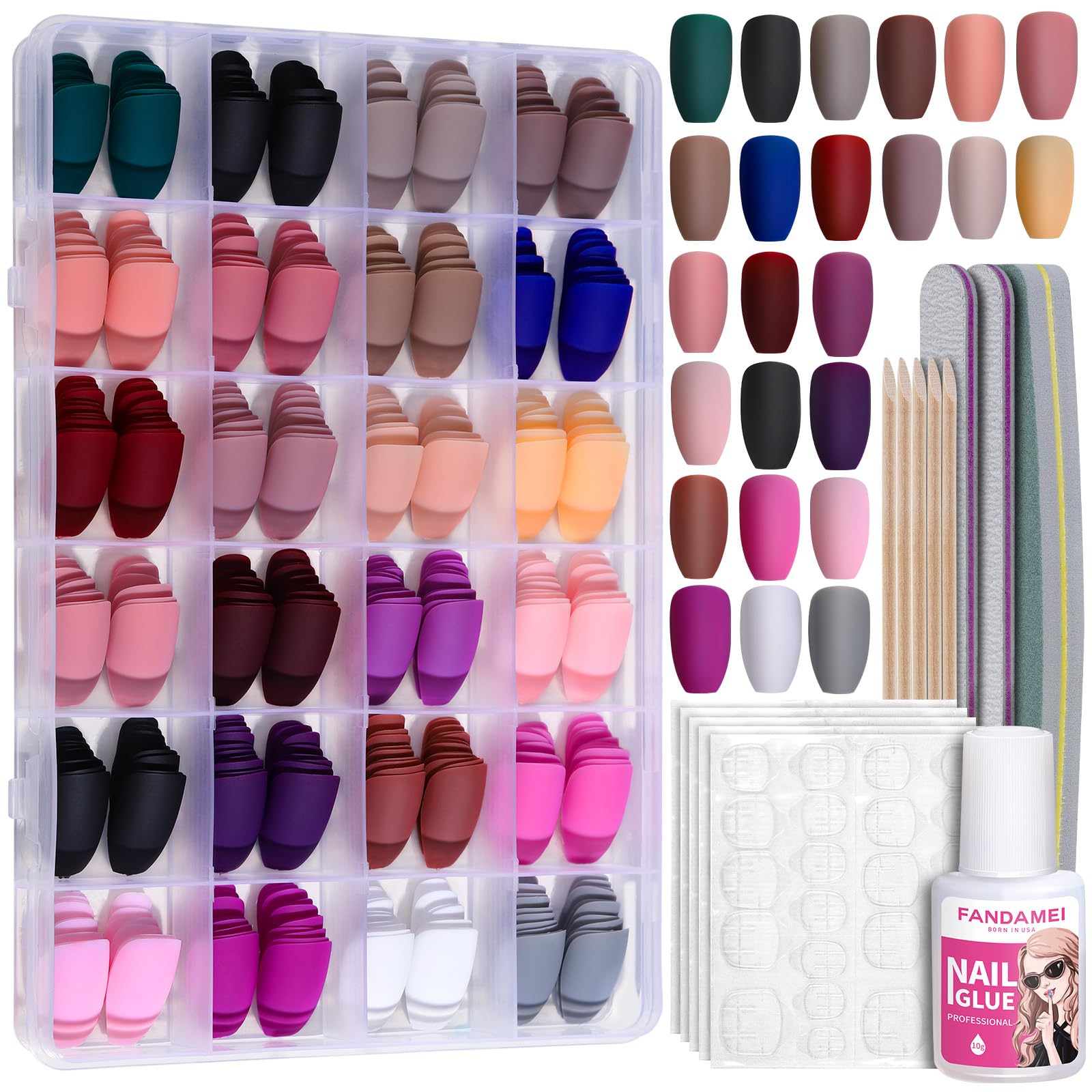 Fandamei matte press on nails kit box with 24 color grids for quick DIY manicure