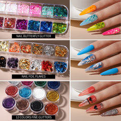 Fandamei 12-color fine glitter palette adds sparkle and dimensional shine to nails.