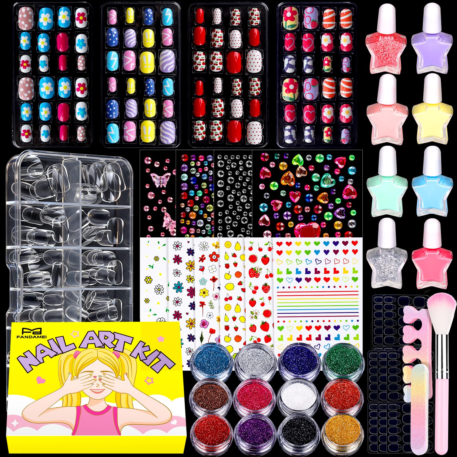 Fandamei nail kit kids press-on nails with colorful designs for quick, mess-free playtime nails.