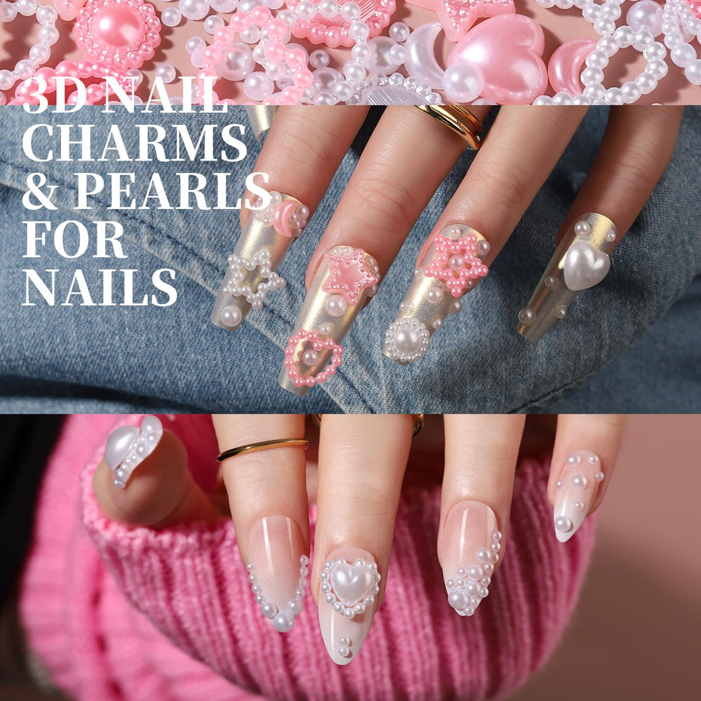 Fandamei white and pink nail pearls with multiple shapes