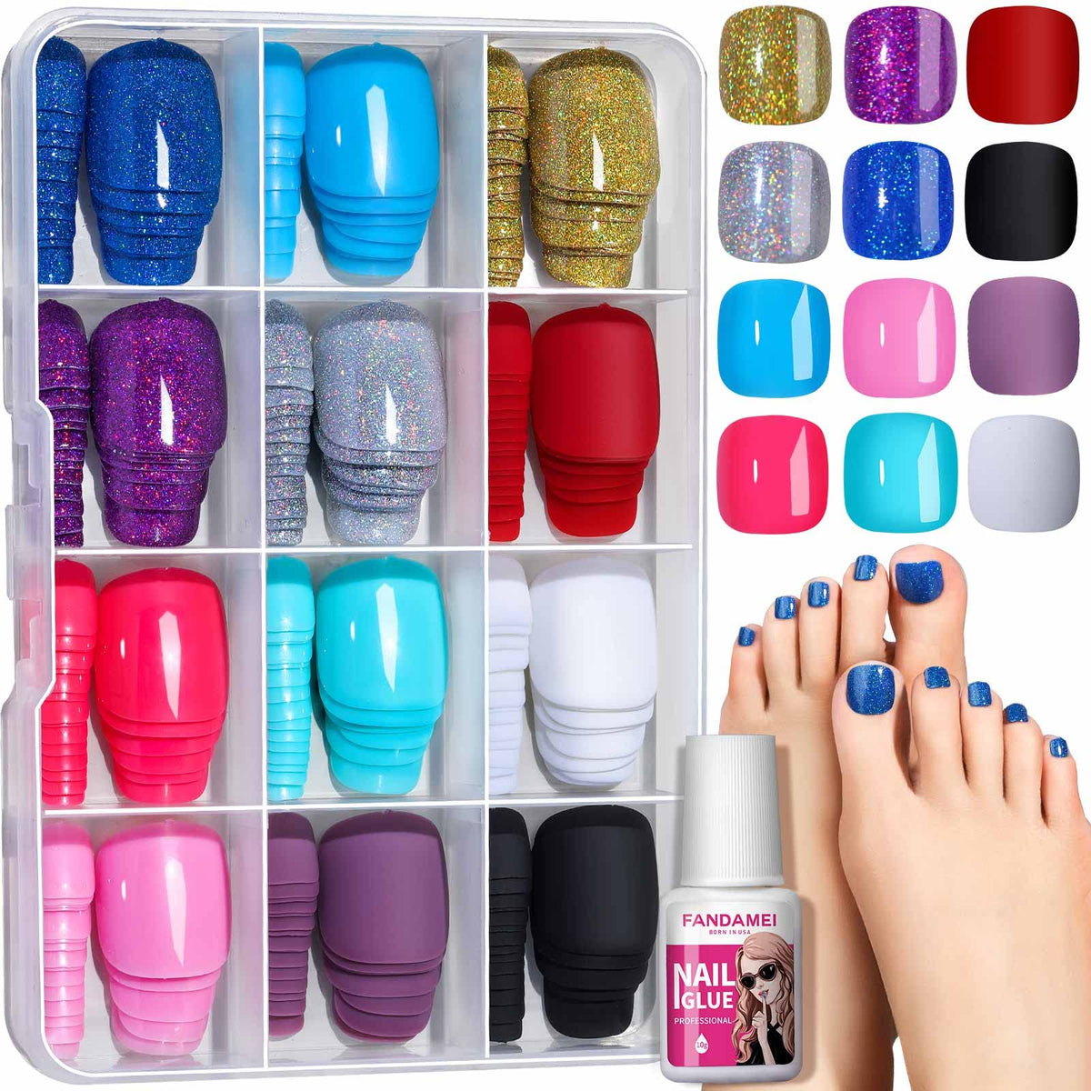 Fandamei press-on toenails showing 12 colors and three styles for versatile outfits.