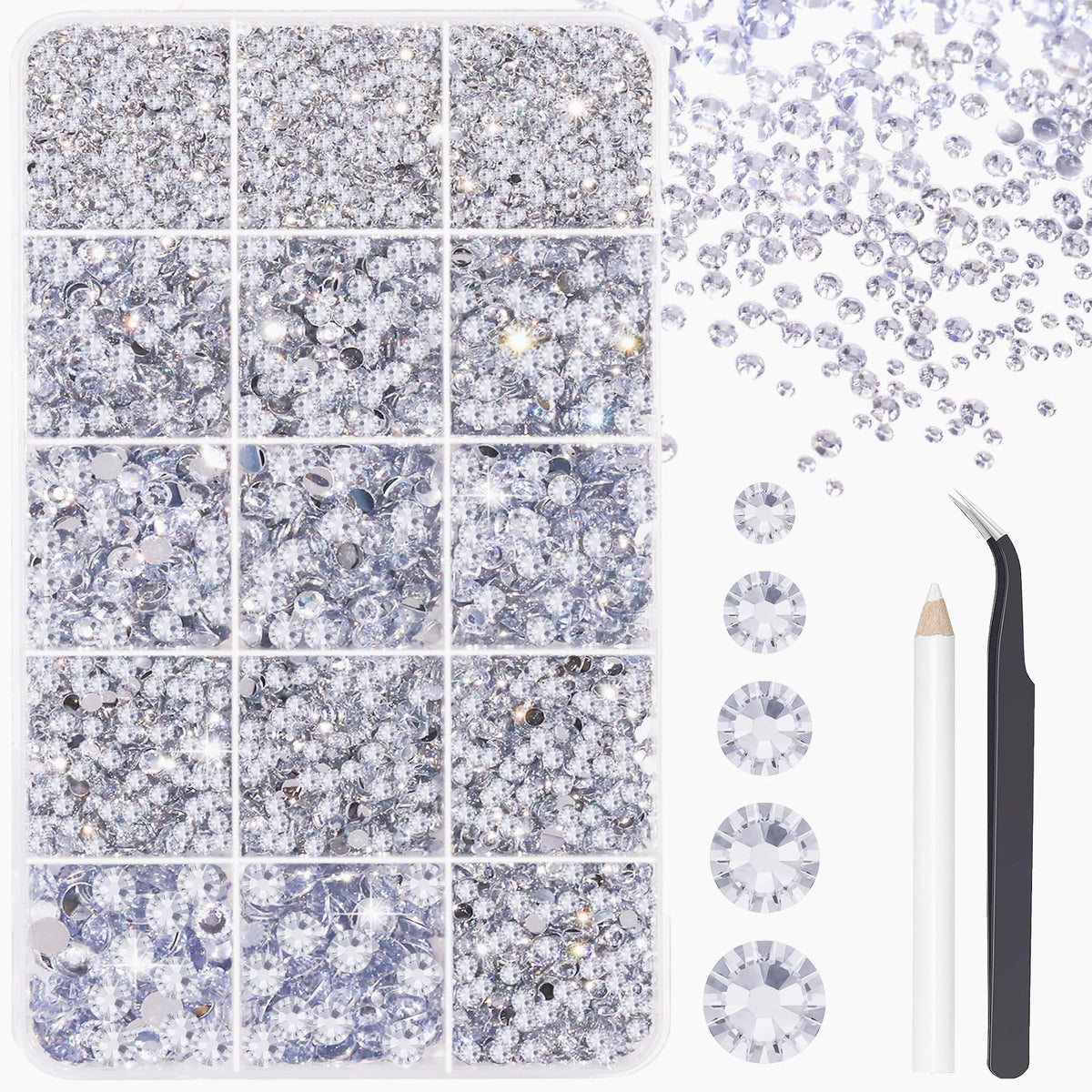 Fandamei silver rhinestones box showing 15000 crystals for sparkling crafts