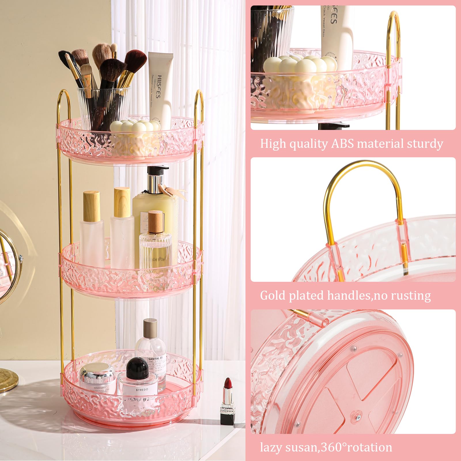 Fangoo pink 3-tier dresser organizer neatly stores skincare and cosmetics.