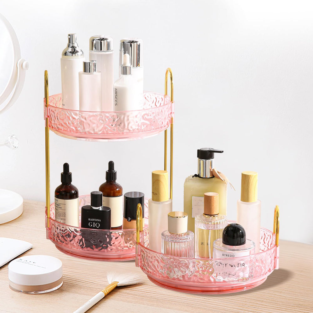 Fangoo pink lazy susan keeps skincare and makeup in view.