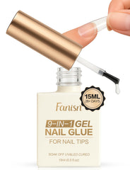 Fanisn 9-in-1 gel nail glue bottle close-up showing clear formula for strong holds
