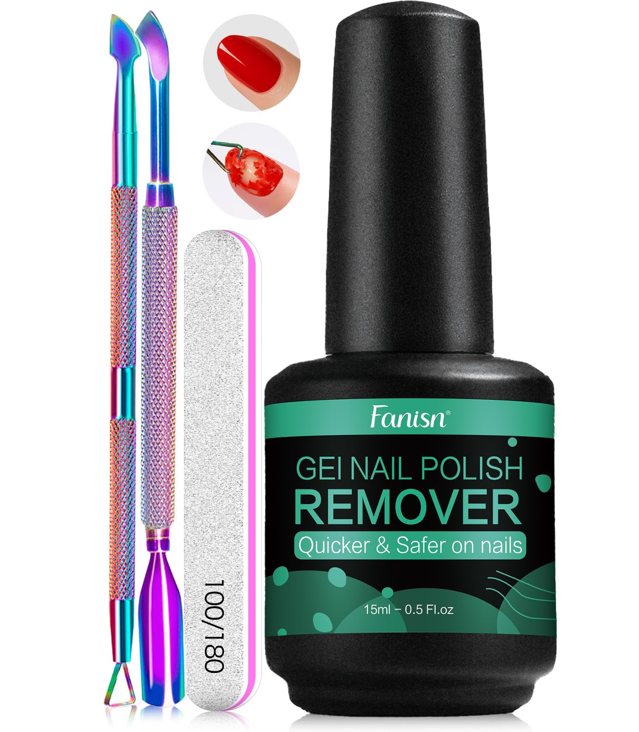 Fanisn gel nail polish remover 15ml bottle enables quick home removal.