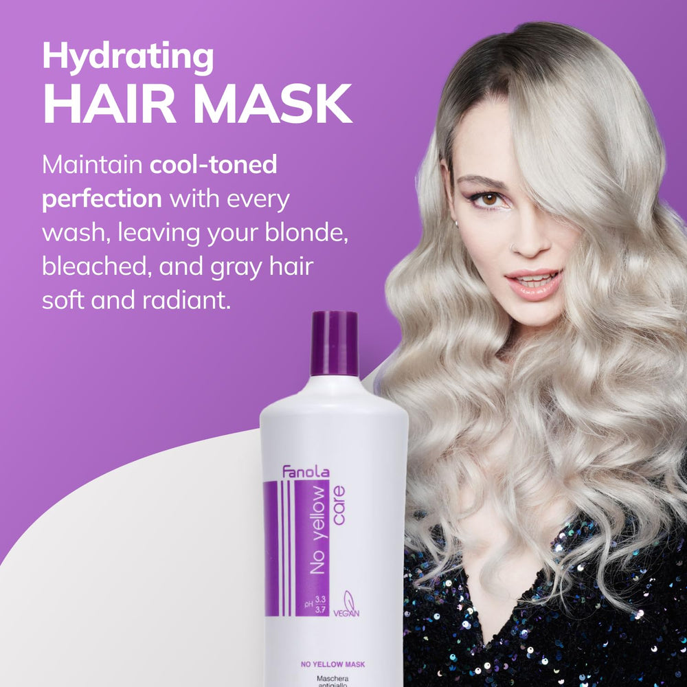 Fanola No Yellow Mask hands applying demonstrates quick 3-5 minute toning ritual for blonde hair