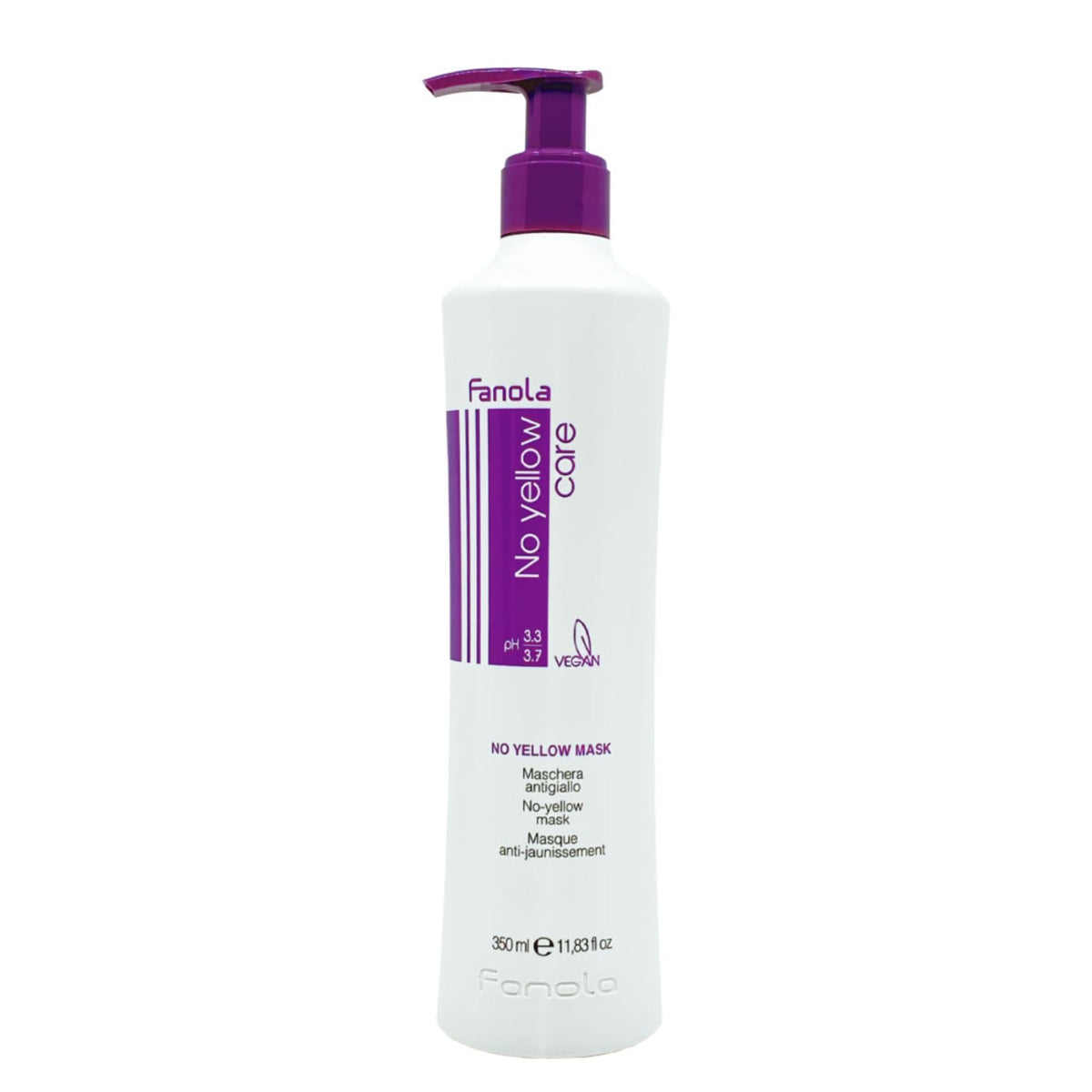 Fanola No Yellow Purple Hair Mask packaging shows salon-grade toning for blondes.