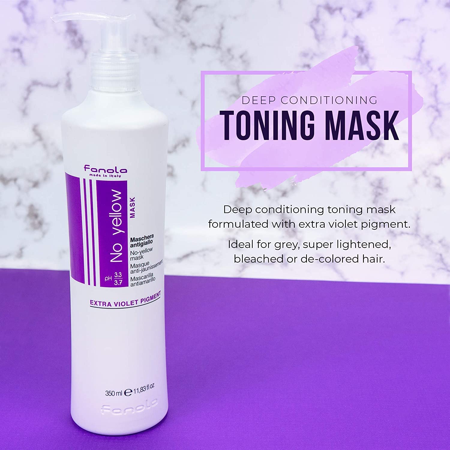 Fanola No Yellow Purple Hair Mask 3-5 minute treatment for brassy tone management.