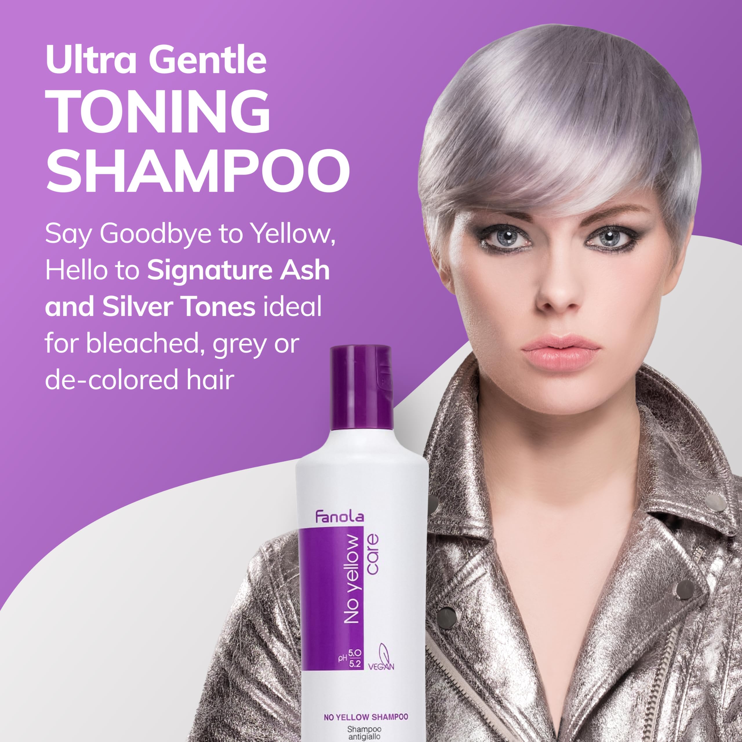 Fanola No Yellow purple shampoo bottle close-up highlights violet pigment for brass neutralization.