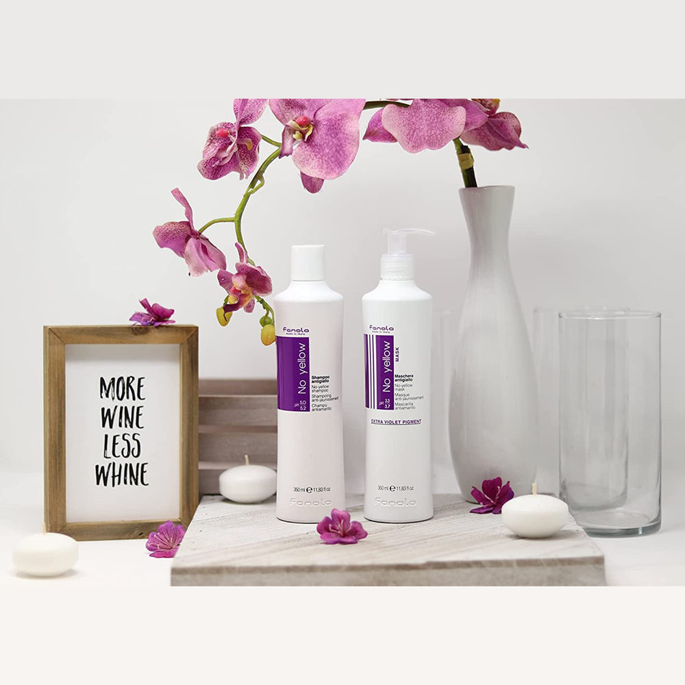 Fanola No Yellow paired with shampoo for at-home toning routine.